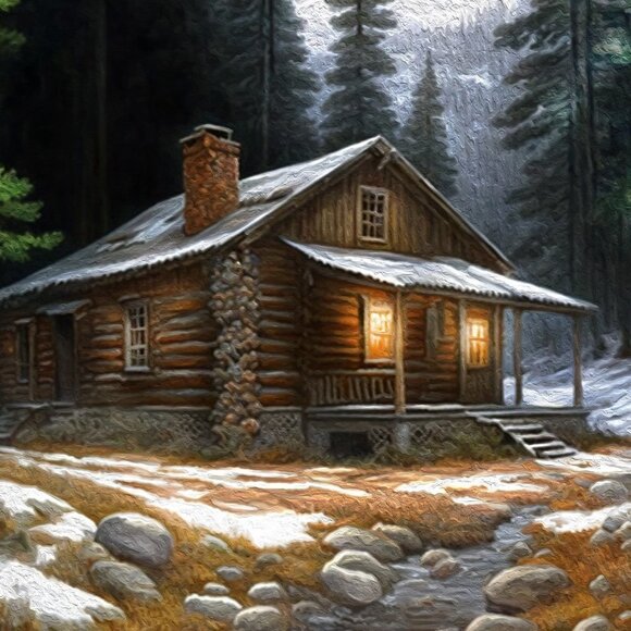 Cabin in the Woods Watercolor Oil Painting Art Print - Picture 6 of 9